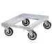 A metal Channel bun pan dolly with black wheels.
