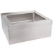 A stainless steel floor mounted mop sink with a square bottom and drain.