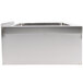 A stainless steel floor mounted mop sink with a drain.