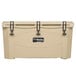 A tan Grizzly Cooler with three handles.