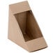 A brown triangular Kraft paper sandwich wedge with a clear plastic window.