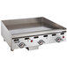 A stainless steel Vulcan 36" gas griddle with thermostatic controls and knobs.