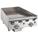 A stainless steel Vulcan liquid propane griddle with snap-action thermostatic controls on a counter.