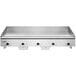 A stainless steel Vulcan countertop electric griddle with black knobs.