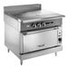 A Vulcan V series stainless steel commercial gas range with French top and oven.