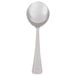 A Libbey stainless steel bouillon spoon with a white handle.