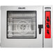 A Vulcan full size electric combi oven with a red door and black and red control panel.