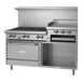 A large stainless steel Garland range with 6 burners, a raised griddle, and a storage base.