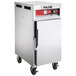 A silver Vulcan holding cabinet with wheels.