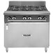 A Vulcan V series stainless steel liquid propane 6 burner range with cabinet base.