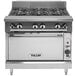 A Vulcan stainless steel commercial gas range with 6 burners and a standard oven.