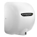 A white Excel XLERATOReco hand dryer with black text on a label.