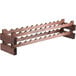 A Franmara stained wooden wine rack with six shelves holding many wine bottles.