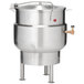 A Vulcan stainless steel stationary steam jacketed kettle with a lid and a handle.