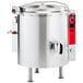 A large stainless steel Vulcan stationary steam kettle with a lid.