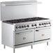 A stainless steel Cooking Performance Group commercial gas range with two standard ovens.