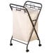 An Antique Bronze Mobile Rectangular Laundry Hamper with a white bag on a black metal frame.