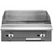 A Vulcan V series stainless steel range with griddle top over two burners.