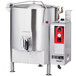 A large stainless steel Vulcan stationary steam kettle with a red valve.