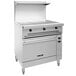 A large stainless steel Vulcan commercial electric range with 3 hot tops and oven base.