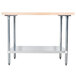 An Advance Tabco wood top work table with a galvanized undershelf.