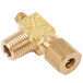A brass Cooking Performance Group regulating valve with a nut on a gold metal pipe.