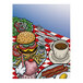 An illustrated diner-themed menu cover featuring a burger, fries, milkshake, coffee, and breakfast plate on a red and white checkered tablecloth.