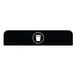 A black rectangular sign with white text and a white circle with a white object inside it.