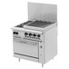 A stainless steel Wolf commercial gas range with 2 burners, a grill, and an oven.
