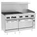 A large stainless steel Wolf Challenger range with black knobs.