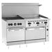 A Wolf commercial stainless steel range with 4 burners, a griddle, and 2 ovens.