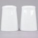 Two white ceramic salt and pepper shakers with a lid.