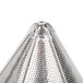 A close-up of a Vollrath Fine China Cap Strainer, a metal cone with holes in it.