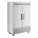 A stainless steel True reach-in refrigerator with black handles on wheels.