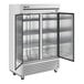 A True stainless steel reach-in refrigerator with solid doors.