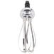 A silver metal KitchenAid whisk attachment with a black handle.