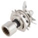 A close-up of a stainless steel nut on a metal blade.