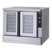 A stainless steel full-size convection oven with double glass doors and control knobs on the right side.