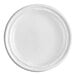 A close-up of a white Dart Famous Service plastic plate with a white rim.