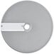 A silver disc with a hole in the middle and a white rectangular handle.