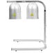 A silver Avantco free standing heat lamp with two bulbs and yellow warning signs.