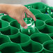A hand holding a glass in a green Carlisle glass rack with holes.