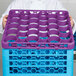 A person holding a purple plastic Carlisle OptiClean glass rack divided extender.