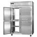 A large stainless steel Continental pass-through freezer with two half doors open.