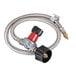 A stainless steel hose with a red valve and a gas regulator.