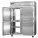 A large stainless steel Continental pass-through freezer with two half doors open.