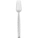 A silver 10 Strawberry Street dinner fork with a hammered design on the handle.