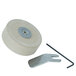 A white stone grinding wheel with a metal screw and a wrench.
