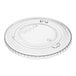 A clear flat non-vented plastic lid for disposable cups.