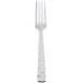 A silver fork with a white handle.